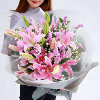 爱花居鲜花速递粉色香水百合花束礼物送女生送全国花店同城配送北京爱微笑的眼睛|A23	