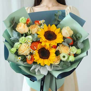花旺鲜花速递向日葵混搭香槟真花束送老师	