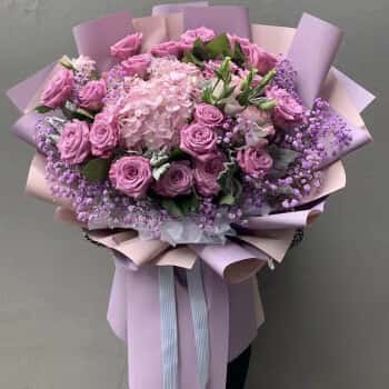 冉子花坊鲜花速递香槟玫瑰百合混搭花束送长辈女友生日礼物全国同城配送韩式紫玫瑰绣球混搭花束	